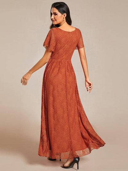 Lace Pleated V-Neck Short Sleeve Ruffled Wedding Guest Dress