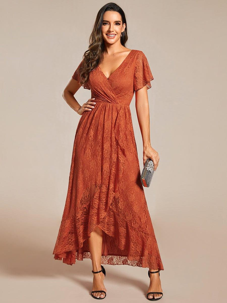 Lace Pleated V-Neck Short Sleeve Ruffled Wedding Guest Dress — Burnt Orange