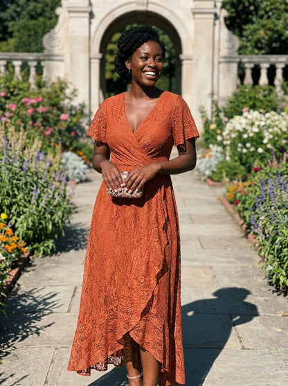 Lace Pleated V-Neck Short Sleeve Ruffled Wedding Guest Dress