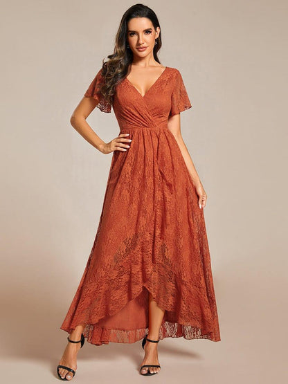 Lace Pleated V-Neck Short Sleeve Ruffled Wedding Guest Dress