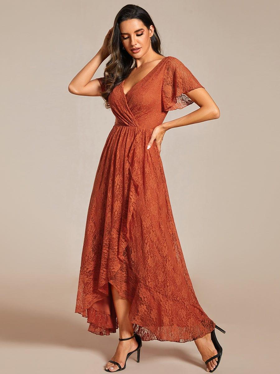 Lace Pleated V-Neck Short Sleeve Ruffled Wedding Guest Dress