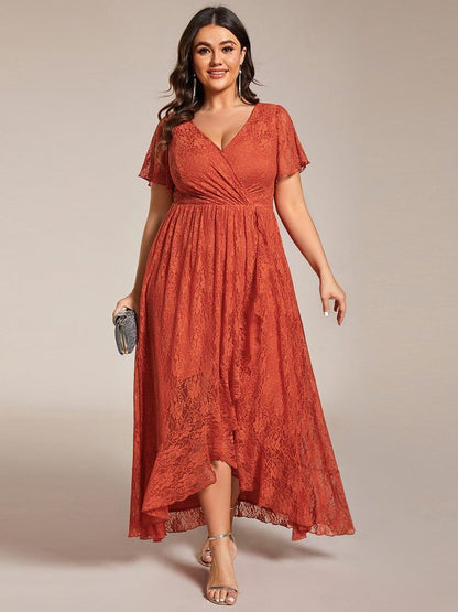 Lace Pleated V-Neck Short Sleeve Ruffled Wedding Guest Dress