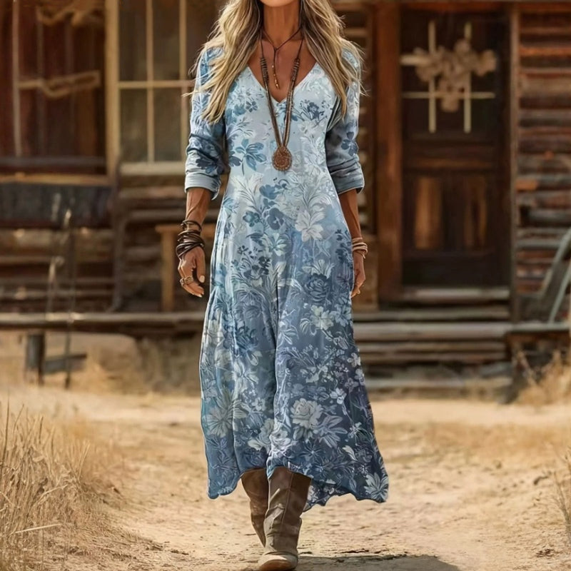 Eliza | Vintage-Inspired Long Sleeve Floral Dress — Blue — Alfa Empire, view 1