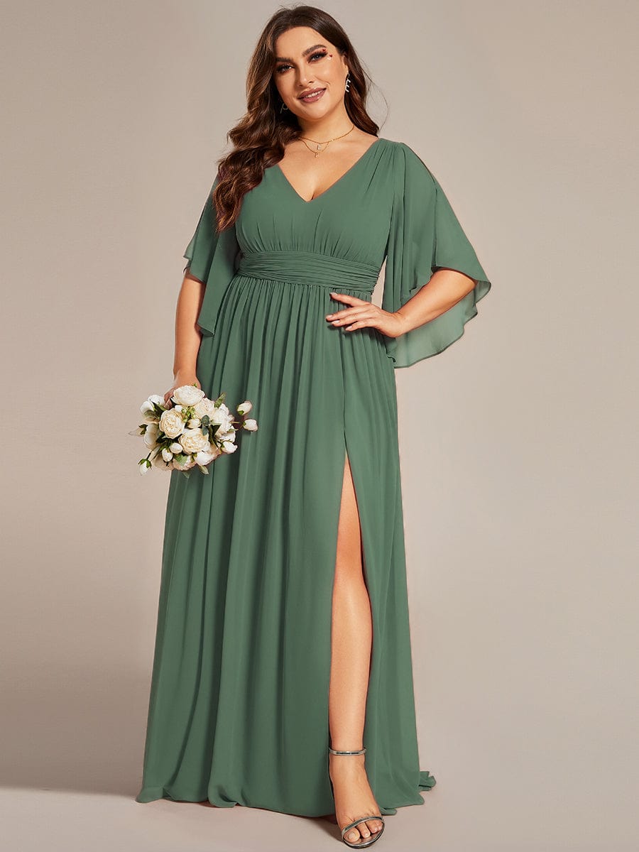 Plus Size Chiffon Half Sleeve Pleated A-Line V-Neck Bridesmaid Dress — Eucalyptus