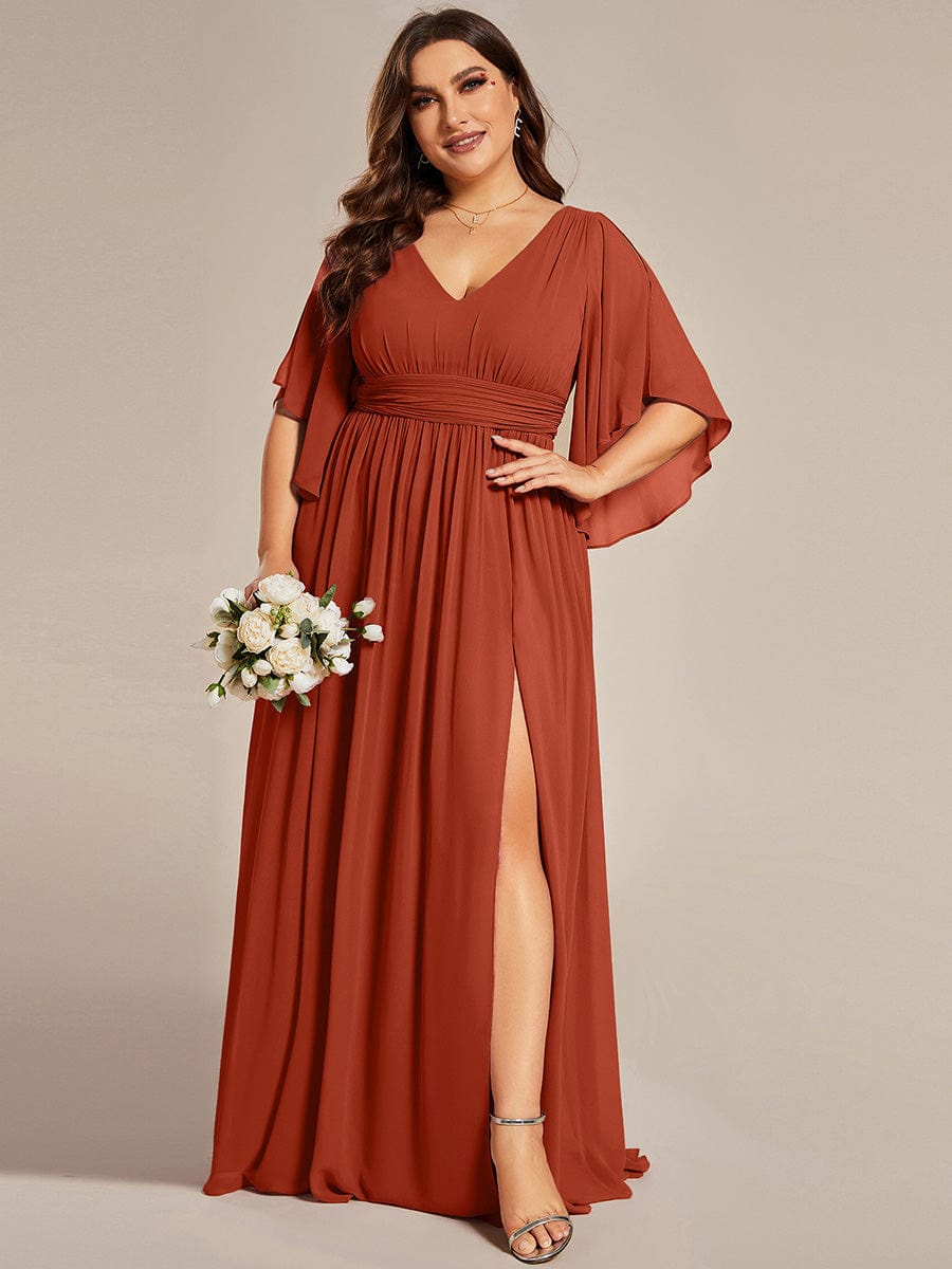 Plus Size Chiffon Half Sleeve Pleated A-Line V-Neck Bridesmaid Dress — Burnt Orange
