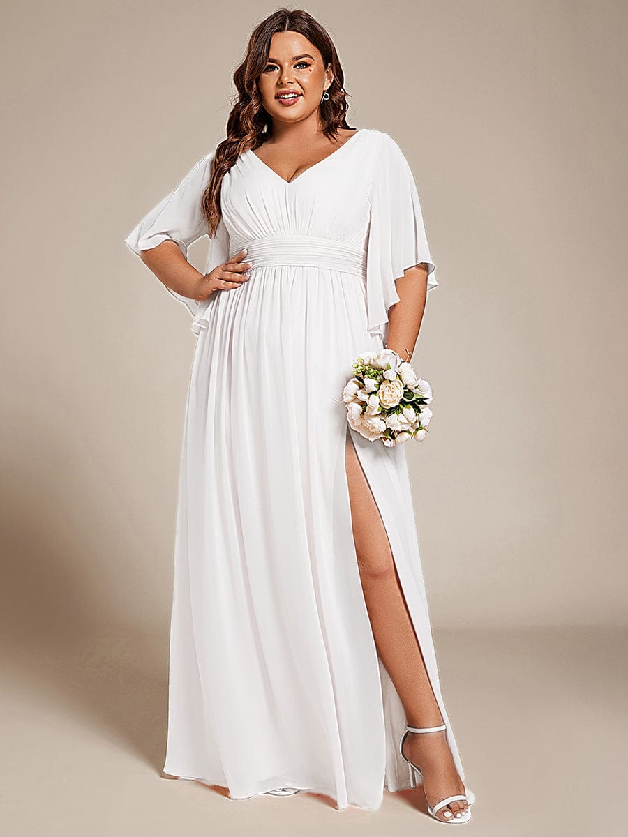 Plus Size Chiffon Half Sleeve Pleated A-Line V-Neck Bridesmaid Dress — White