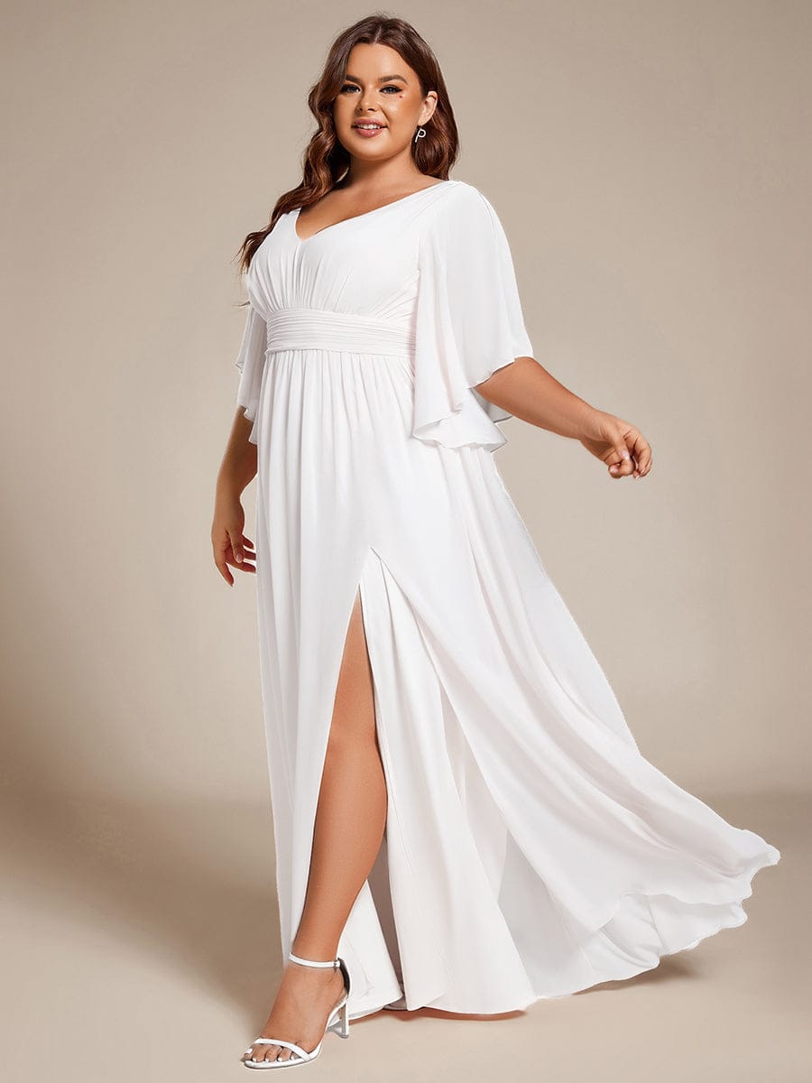 Plus Size Chiffon Half Sleeve Pleated A-Line V-Neck Bridesmaid Dress