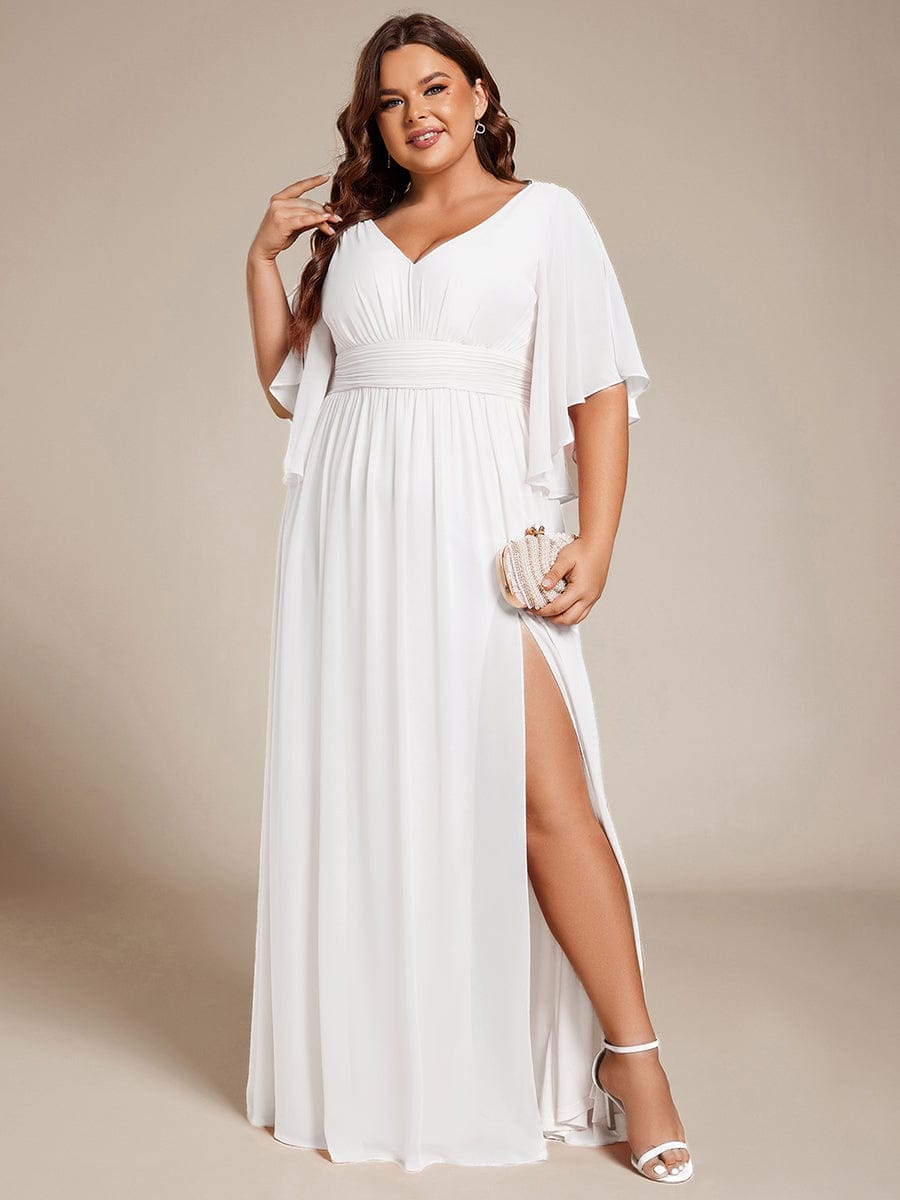 Plus Size Chiffon Half Sleeve Pleated A-Line V-Neck Bridesmaid Dress