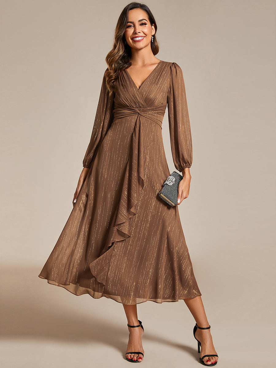 Glitter Twist Knot See-Through Long Sleeve Wedding Guest Dress — Brown
