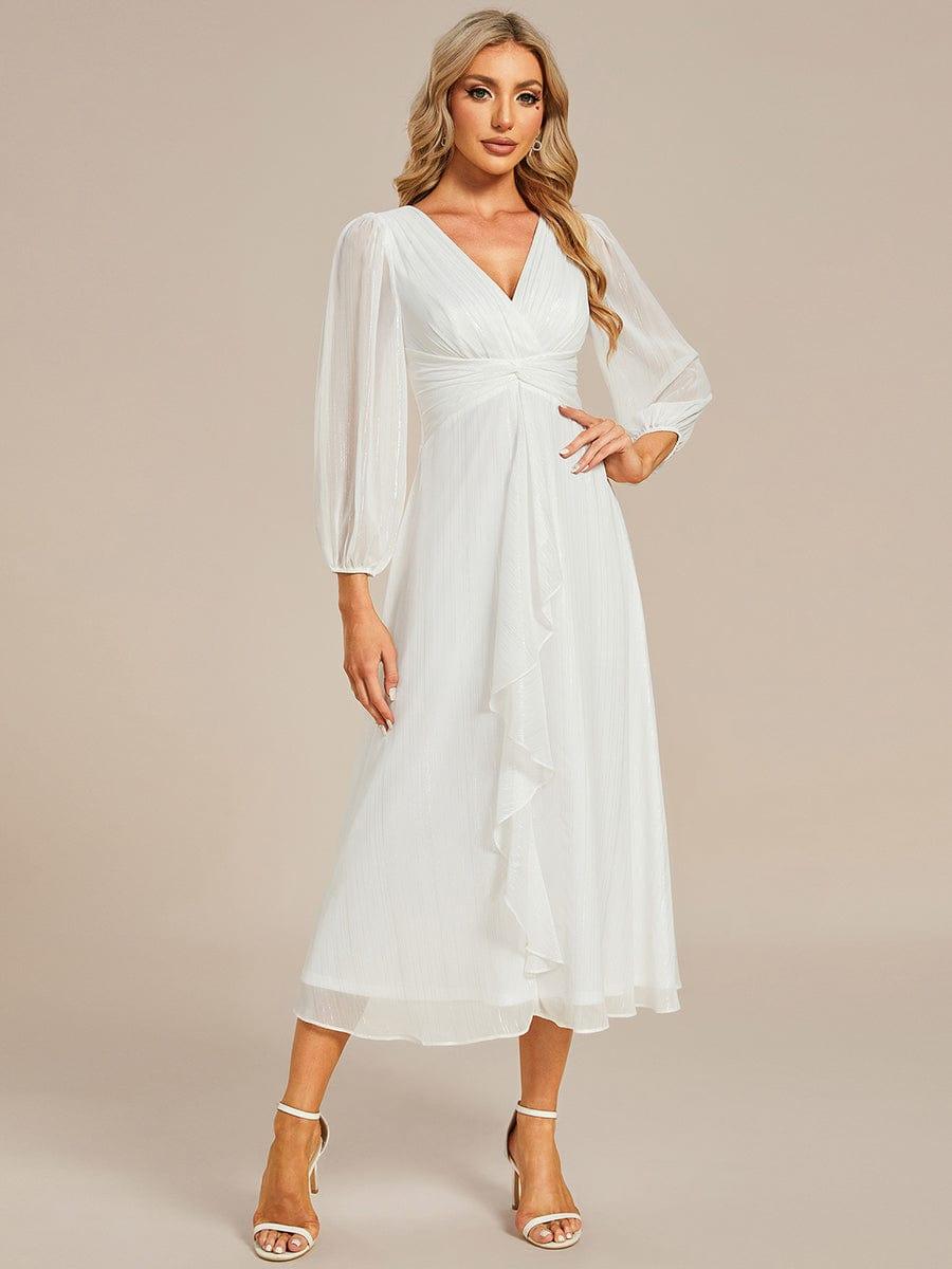 Glitter Twist Knot See-Through Long Sleeve Wedding Guest Dress — Cream