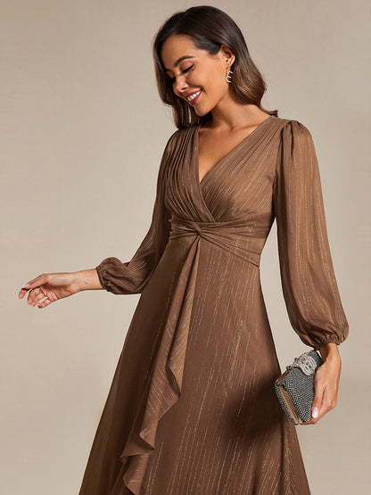 Glitter Twist Knot See-Through Long Sleeve Wedding Guest Dress