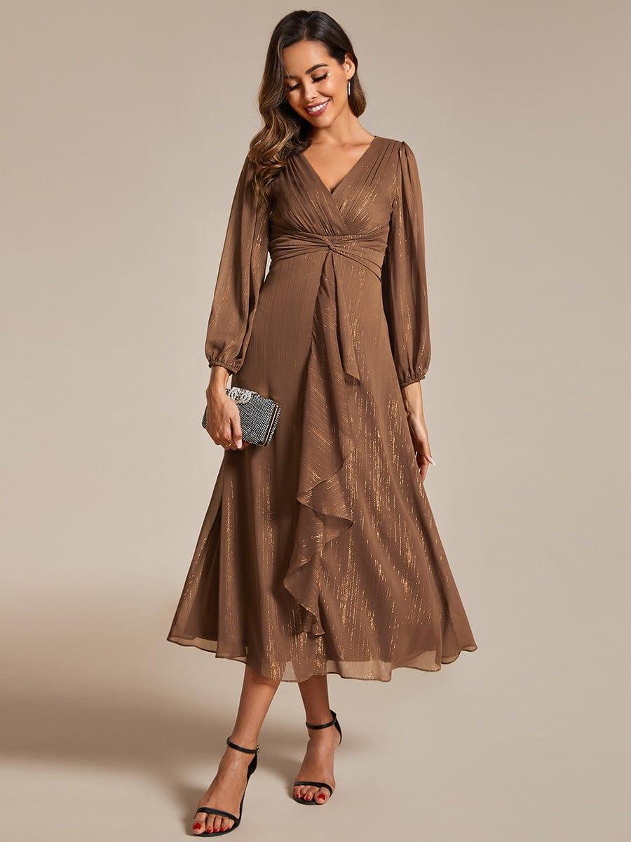 Glitter Twist Knot See-Through Long Sleeve Wedding Guest Dress