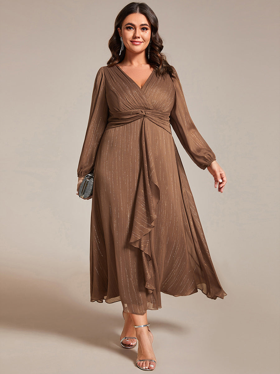 Glitter Twist Knot See-Through Long Sleeve Wedding Guest Dress — Brown