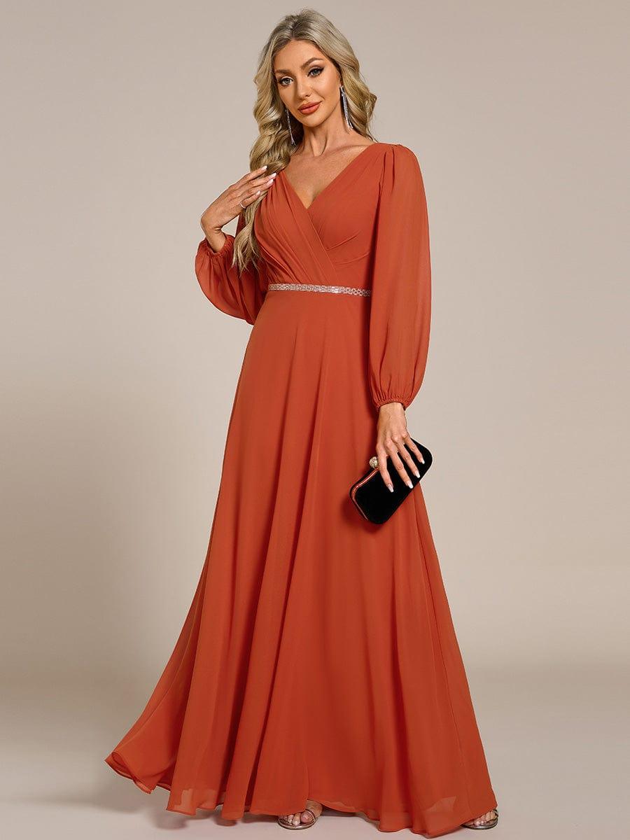 Chiffon Pleated Double V-Neck Long Sleeve Shiny Belt Evening Dress — Burnt Orange