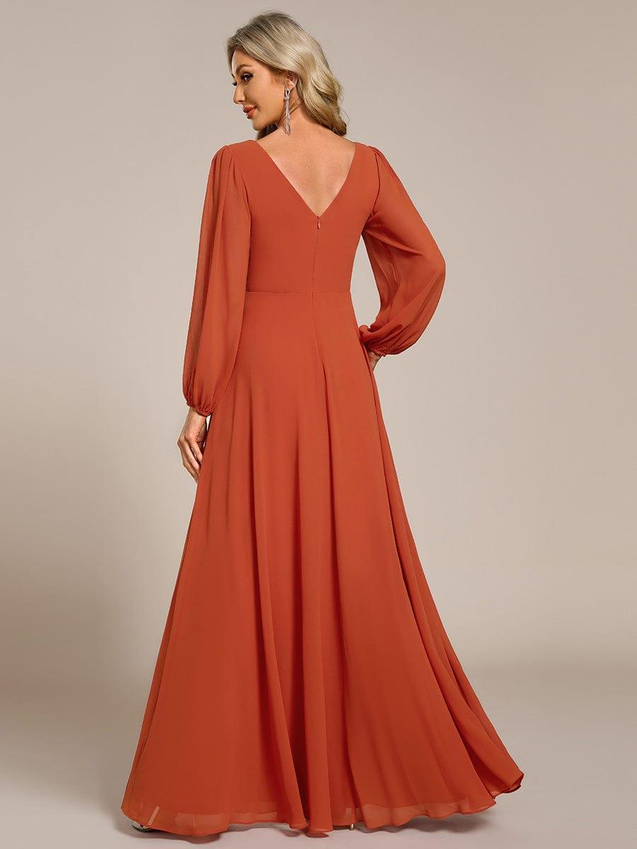 Chiffon Pleated Double V-Neck Long Sleeve Shiny Belt Evening Dress