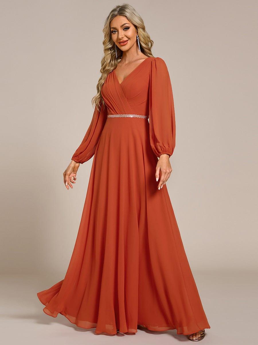 Chiffon Pleated Double V-Neck Long Sleeve Shiny Belt Evening Dress