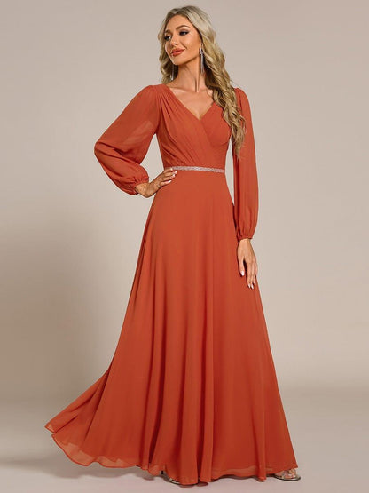 Chiffon Pleated Double V-Neck Long Sleeve Shiny Belt Evening Dress