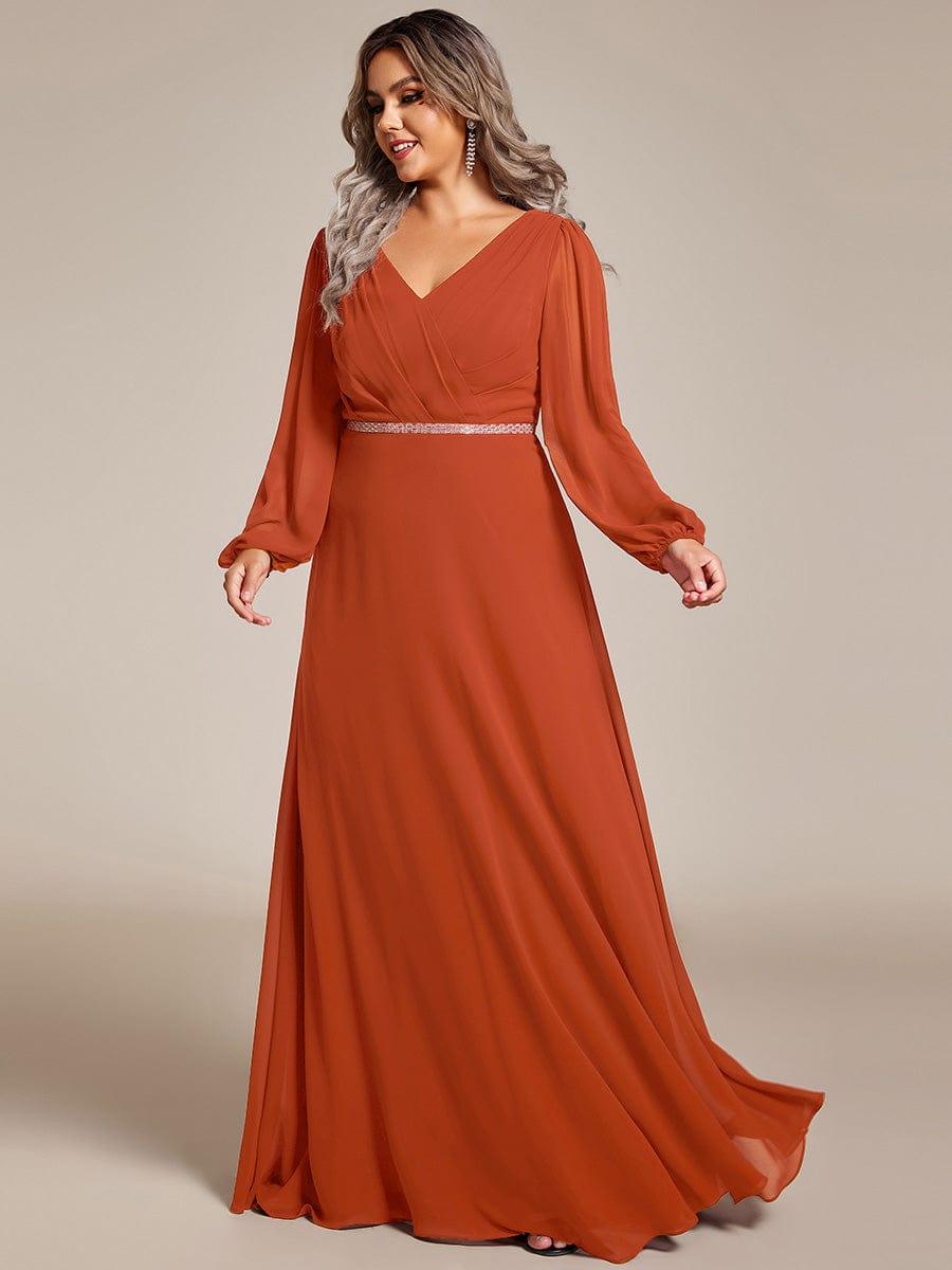 Chiffon Pleated Double V-Neck Long Sleeve Shiny Belt Evening Dress