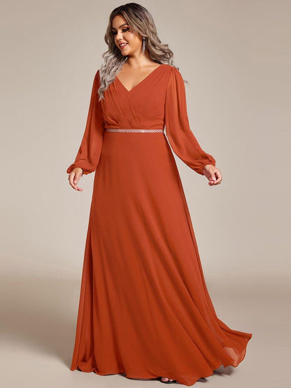 Chiffon Pleated Double V-Neck Long Sleeve Shiny Belt Evening Dress