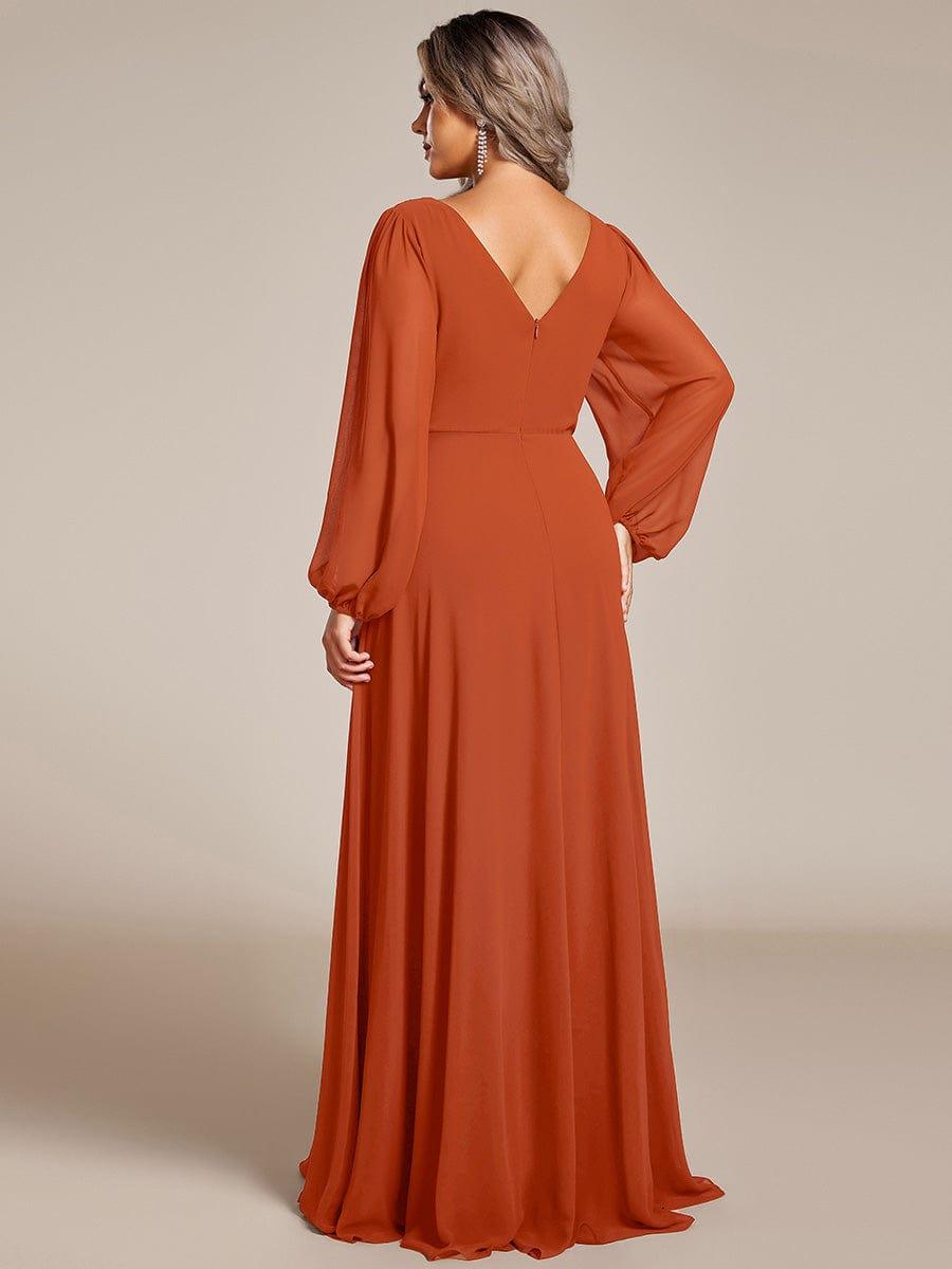 Chiffon Pleated Double V-Neck Long Sleeve Shiny Belt Evening Dress