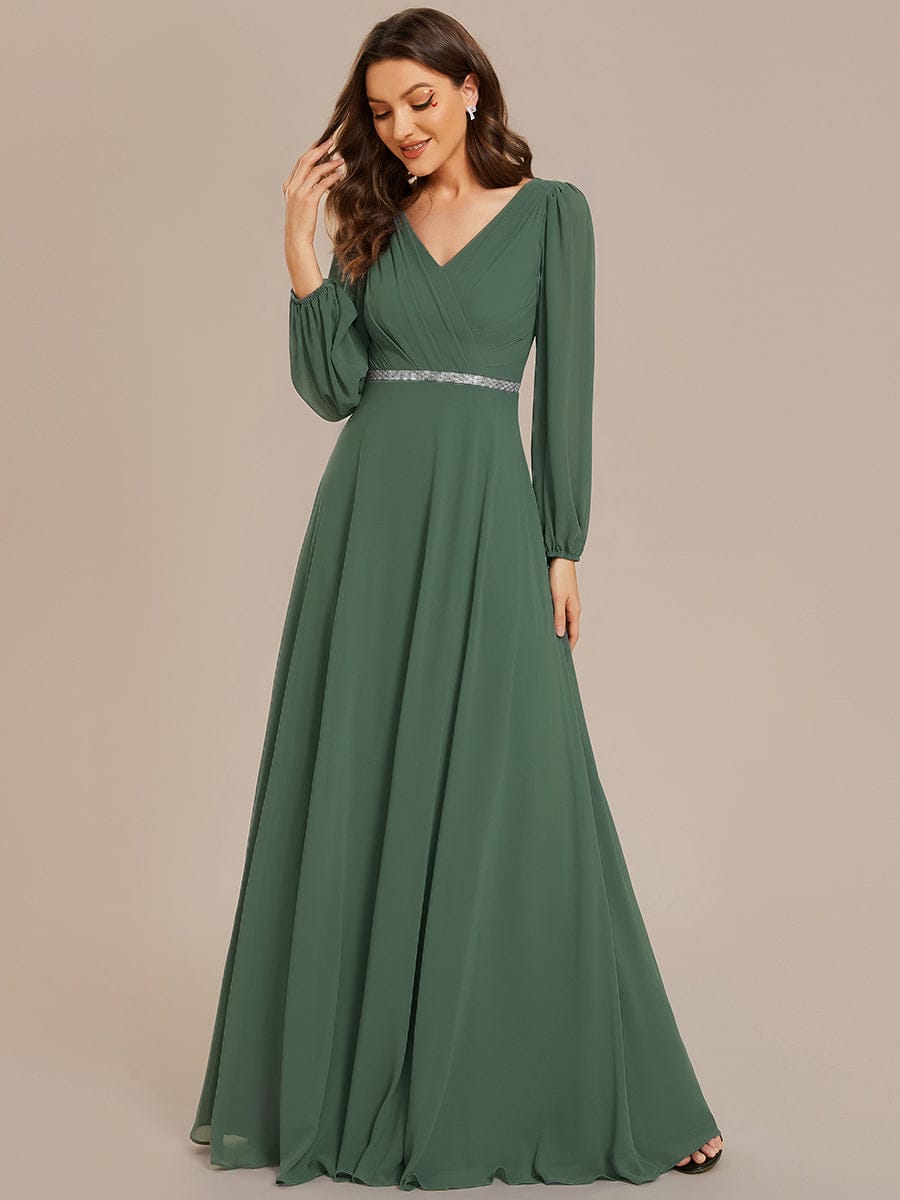 Chiffon Pleated Double V-Neck Long Sleeve Shiny Belt Evening Dress — Eucalyptus