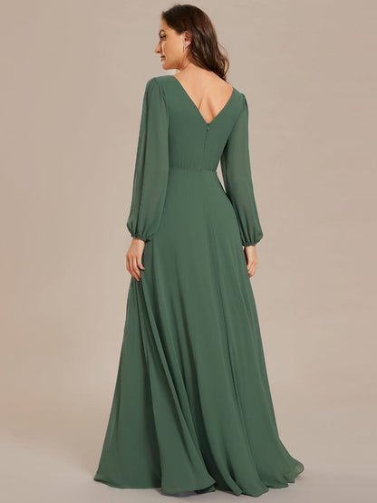Chiffon Pleated Double V-Neck Long Sleeve Shiny Belt Evening Dress