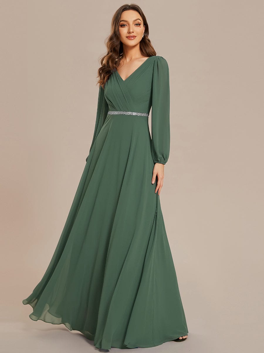 Chiffon Pleated Double V-Neck Long Sleeve Shiny Belt Evening Dress