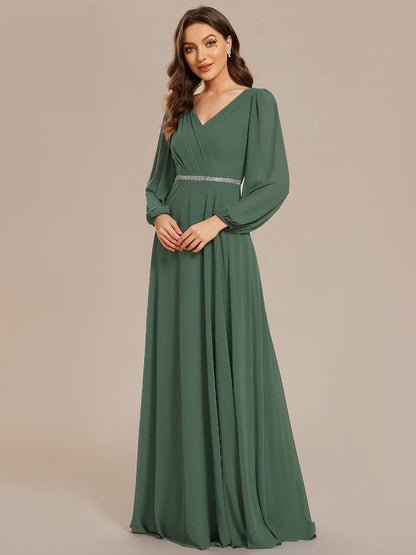 Chiffon Pleated Double V-Neck Long Sleeve Shiny Belt Evening Dress