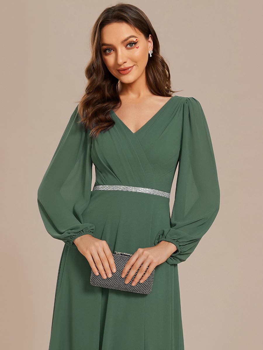 Chiffon Pleated Double V-Neck Long Sleeve Shiny Belt Evening Dress