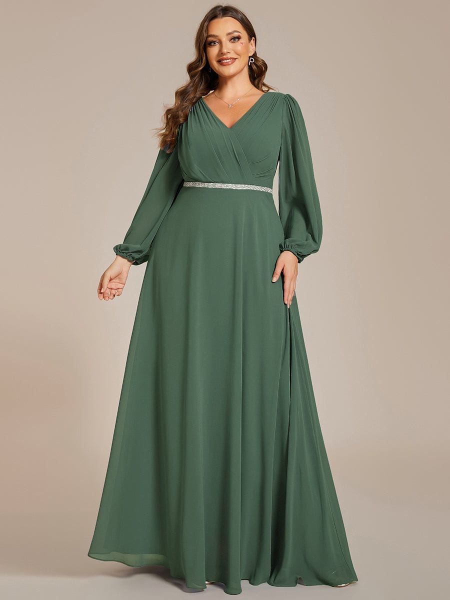 Chiffon Pleated Double V-Neck Long Sleeve Shiny Belt Evening Dress