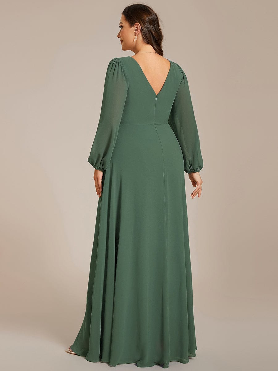 Chiffon Pleated Double V-Neck Long Sleeve Shiny Belt Evening Dress