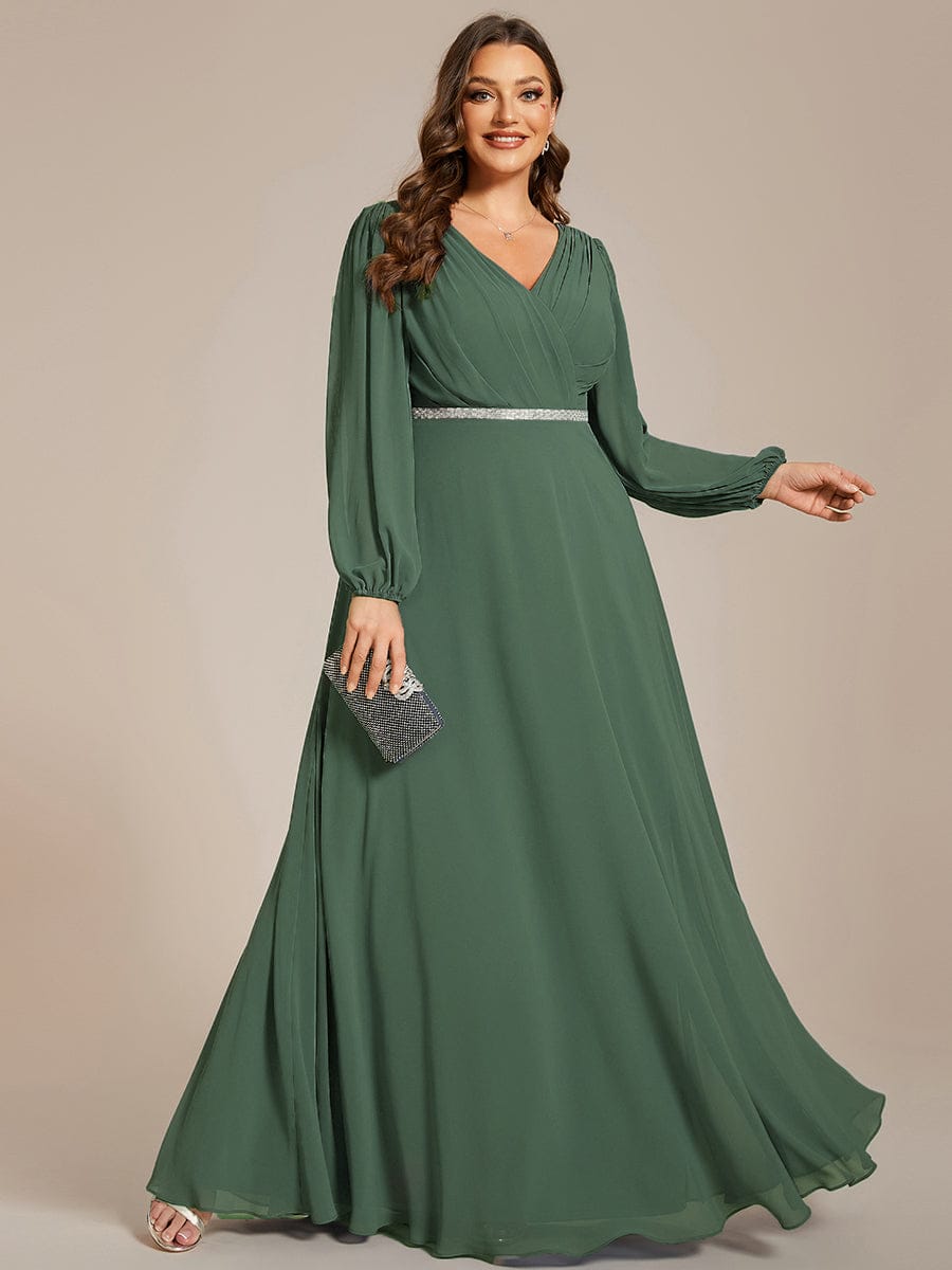 Chiffon Pleated Double V-Neck Long Sleeve Shiny Belt Evening Dress