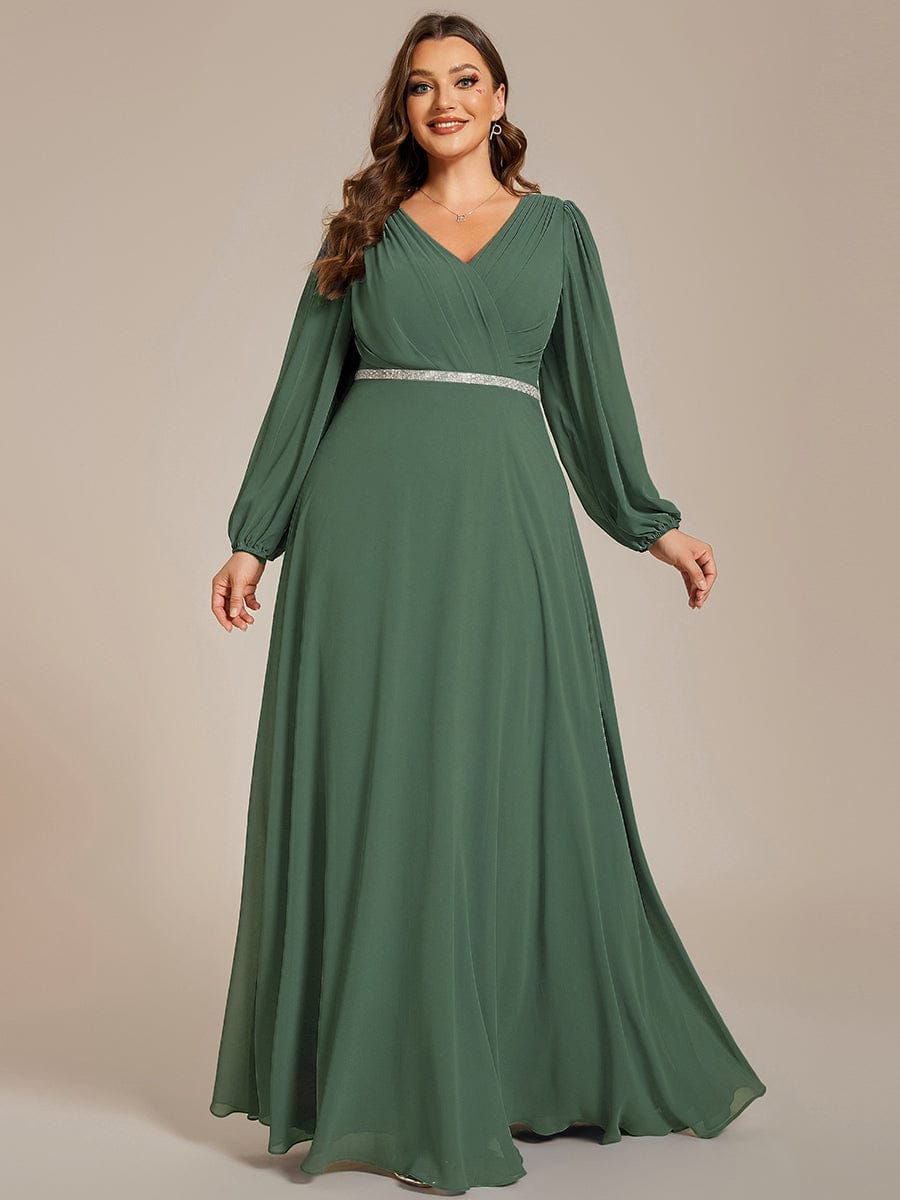 Chiffon Pleated Double V-Neck Long Sleeve Shiny Belt Evening Dress