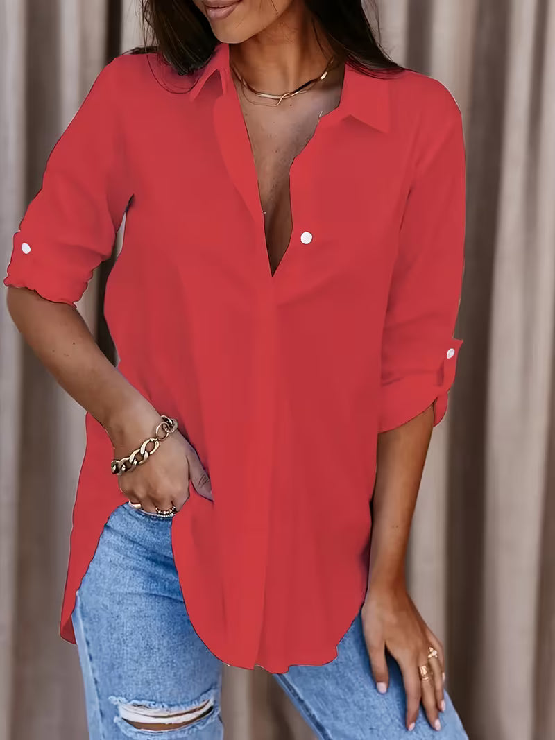 Evelyn | Relaxed Button-Up Long Sleeve Shirt — Coral Red — Alfa Empire, view 1