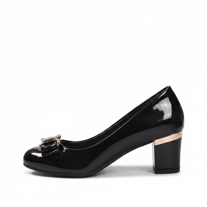 Evelyn | Bow Detail Block Heel Pumps — Black — Alfa Empire, view 1