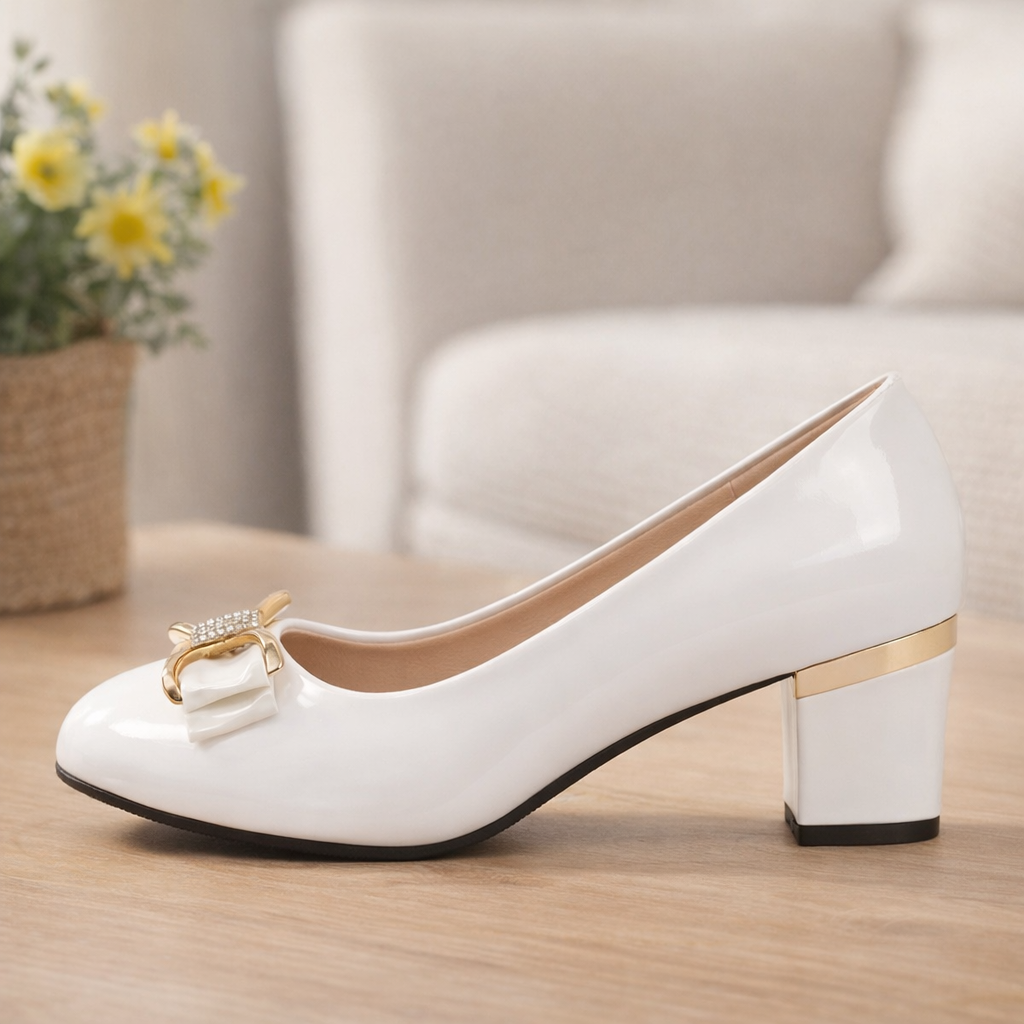 Evelyn | Bow Detail Block Heel Pumps — White — Alfa Empire, view 6