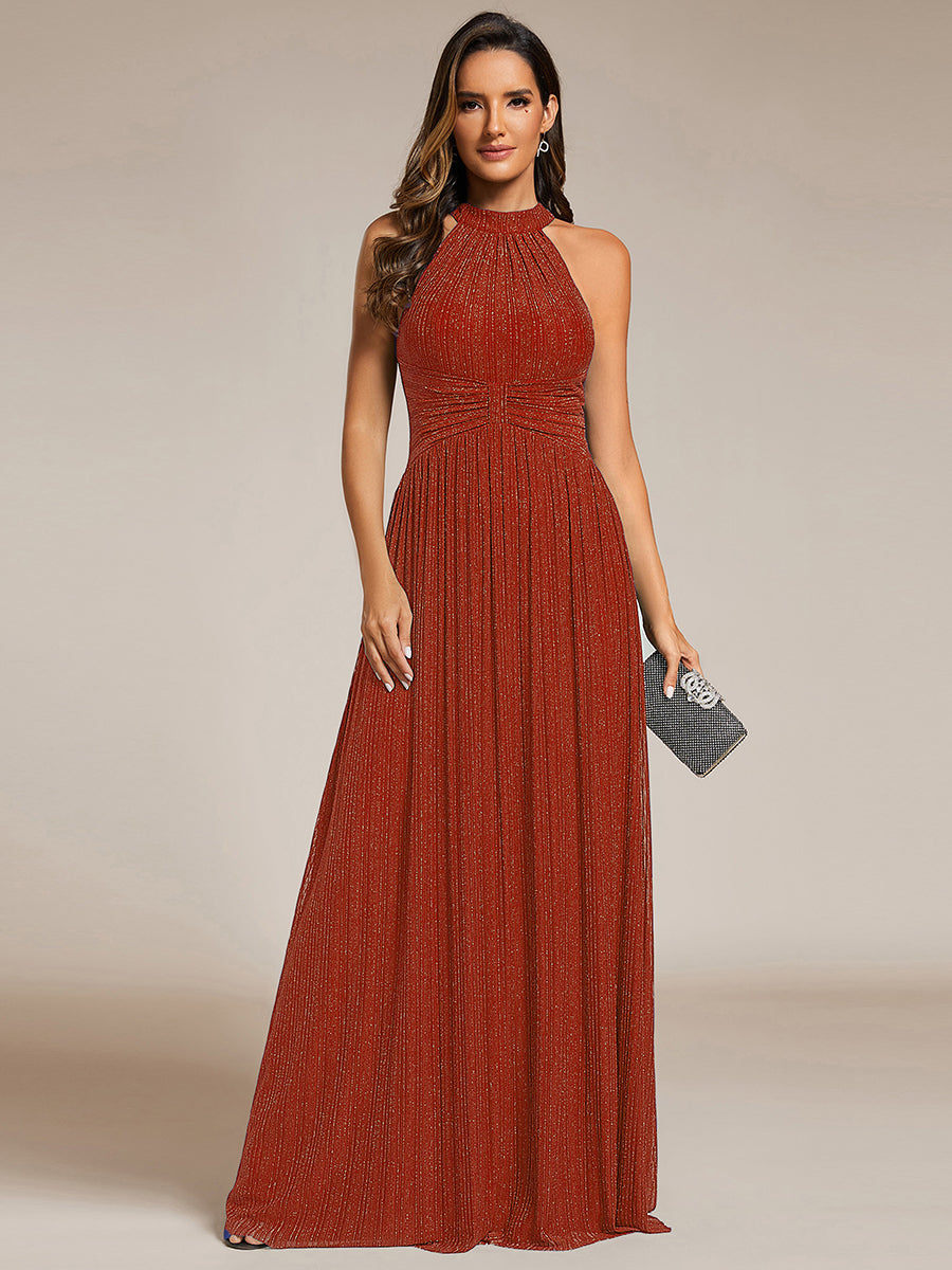 Halter Neck Pleated Glittery Formal Evening Dress with Empire Waist — Burnt Orange