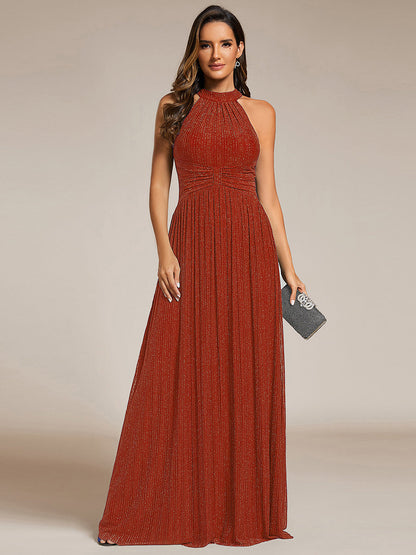 Halter Neck Pleated Glittery Formal Evening Dress with Empire Waist — Burnt Orange