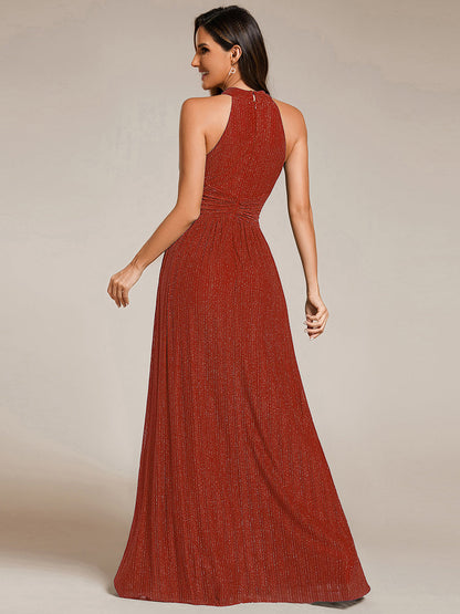 Halter Neck Pleated Glittery Formal Evening Dress with Empire Waist