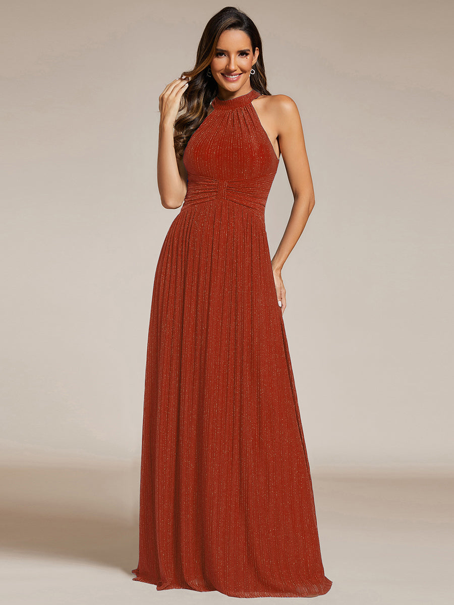Halter Neck Pleated Glittery Formal Evening Dress with Empire Waist