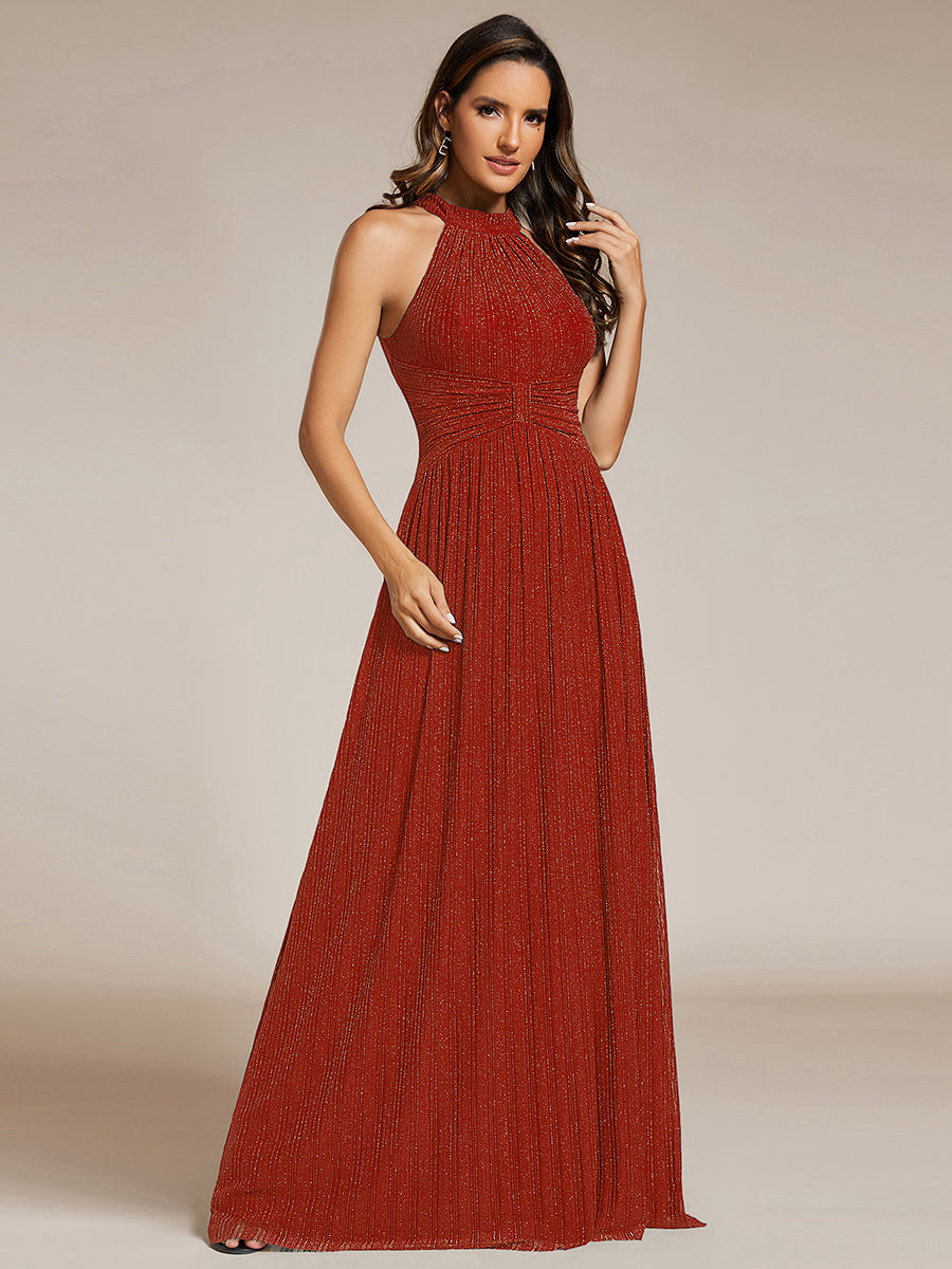 Halter Neck Pleated Glittery Formal Evening Dress with Empire Waist