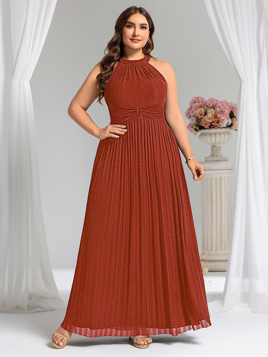 Halter Neck Pleated Glittery Formal Evening Dress with Empire Waist