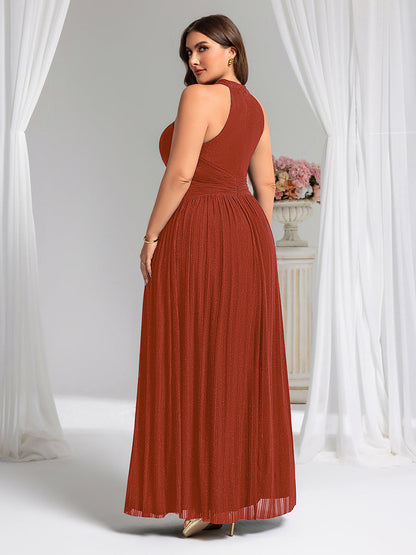 Halter Neck Pleated Glittery Formal Evening Dress with Empire Waist