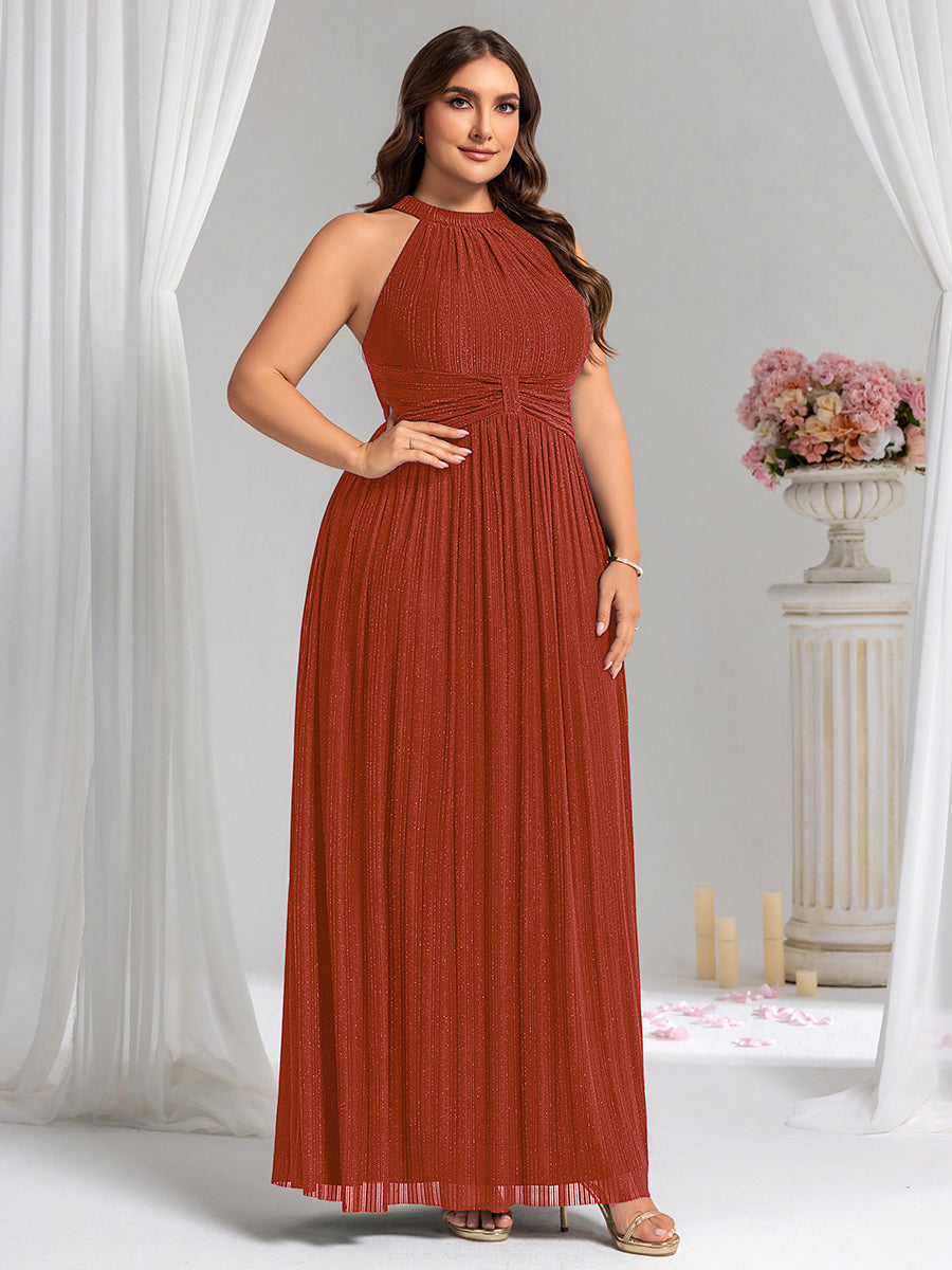 Halter Neck Pleated Glittery Formal Evening Dress with Empire Waist