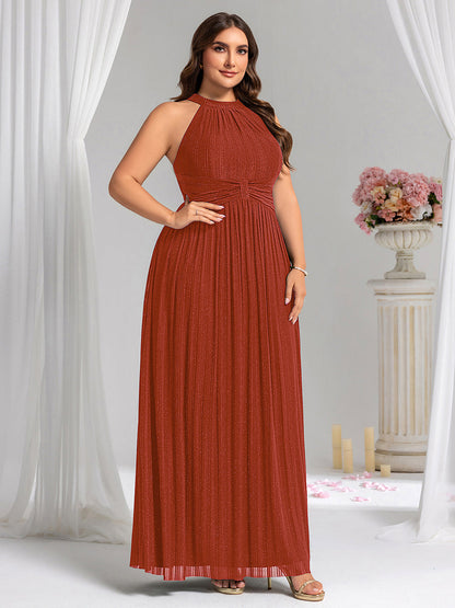 Halter Neck Pleated Glittery Formal Evening Dress with Empire Waist