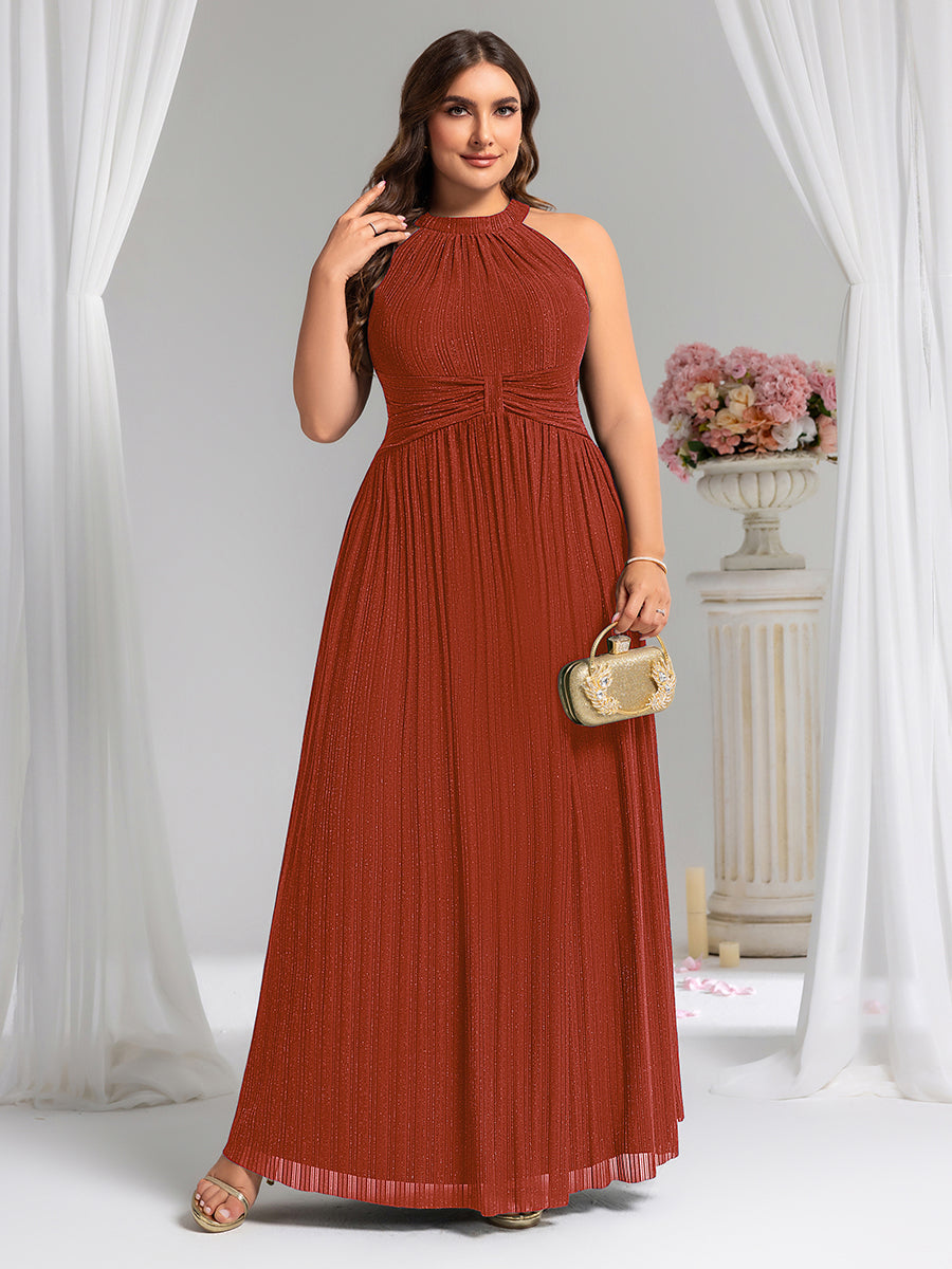 Halter Neck Pleated Glittery Formal Evening Dress with Empire Waist