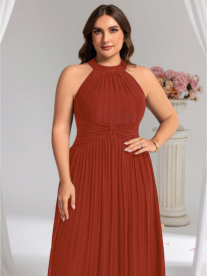 Halter Neck Pleated Glittery Formal Evening Dress with Empire Waist