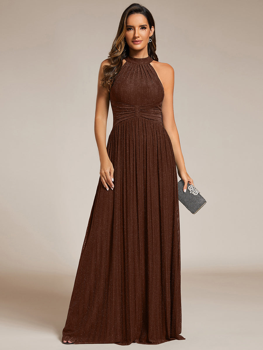 Halter Neck Pleated Glittery Formal Evening Dress with Empire Waist — Chocolate Brown