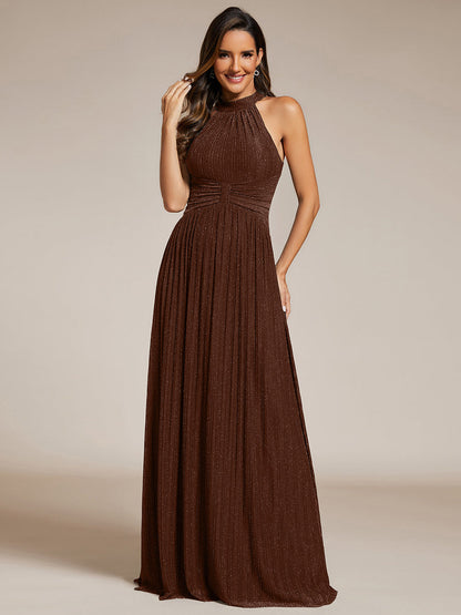 Halter Neck Pleated Glittery Formal Evening Dress with Empire Waist