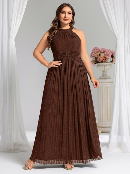 Halter Neck Pleated Glittery Formal Evening Dress with Empire Waist